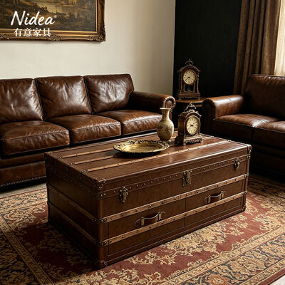 Vintage brown cuir coffre-fort Table à café 2 tiroirs de rangement Design industriel rétro pour la maison Bar salon multifonction