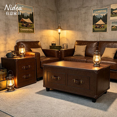 Ensemble de meubles de coffre en cuir marron d'époque, réalisé à la main, durable, minimaliste, de campagne, rangement, table à café et table d'extrémité à 2 tiroirs