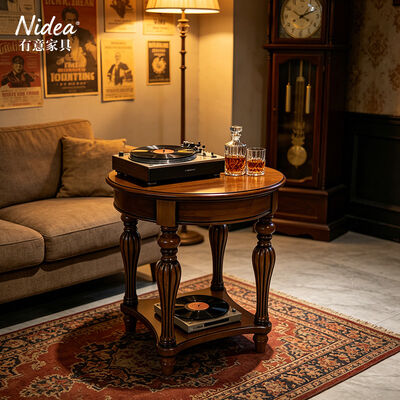 Table ronde traditionnelle en bois massif de 2 niveaux Table de côté vintage avec des jambes en flûte sculptées Sofa de salon classique