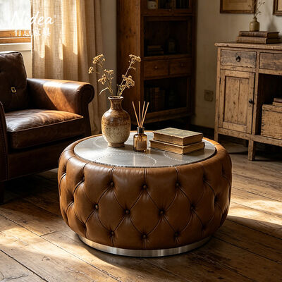 Table à café en aluminium pour aviateur industriel Table centrale en cuir à boutons ronds Table à rivet en métal haut Meubles de salon de luxe