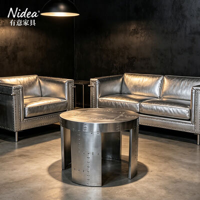 Table basse et table d'appoint en aluminium aviateur industriel, tables d'appoint à tambour en métal riveté, meubles de salon faits à la main et durables